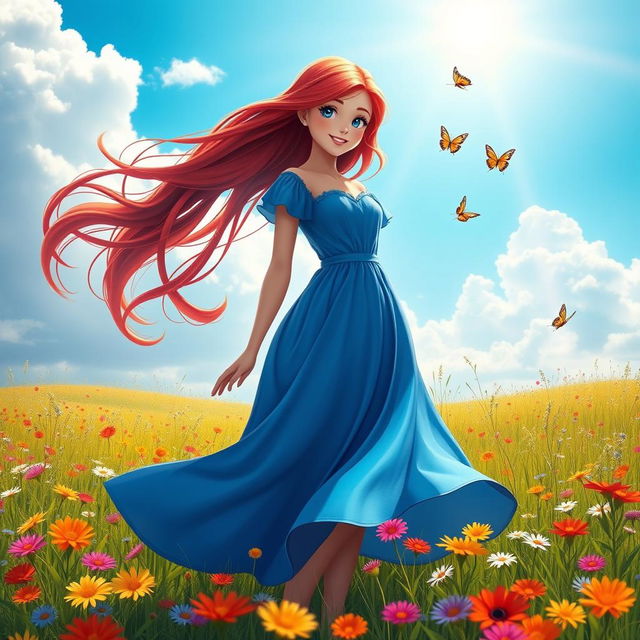 A graceful and beautiful character named Annie with long flowing red hair styled in soft waves, wearing a vibrant blue dress that flutters gently in the wind