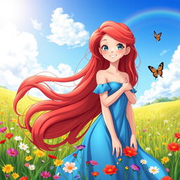A graceful and beautiful character named Annie with long flowing red hair styled in soft waves, wearing a vibrant blue dress that flutters gently in the wind