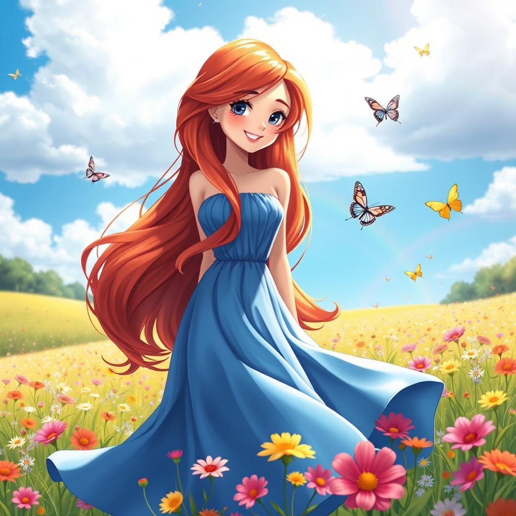 A graceful and beautiful character named Annie with long flowing red hair styled in soft waves, wearing a vibrant blue dress that flutters gently in the wind