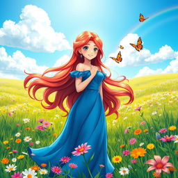 A graceful and beautiful character named Annie with long flowing red hair styled in soft waves, wearing a vibrant blue dress that flutters gently in the wind