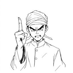 A black and white illustration sketch of a young man wearing a traditional Malay outfit, complete with a headband