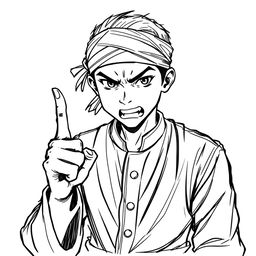 A black and white illustration sketch of a young man wearing a traditional Malay outfit, complete with a headband