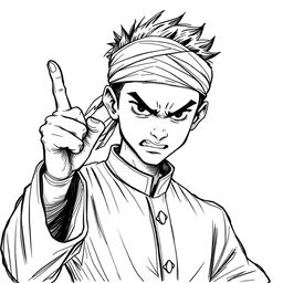 A black and white illustration sketch of a young man wearing a traditional Malay outfit, complete with a headband