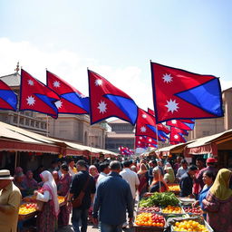 A lively background photo displaying multiple Nepal flags, beautifully waving in the breeze, alongside a vibrant scene of Nepalese people engaged in daily activities