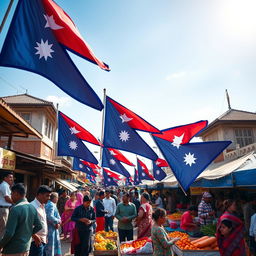A lively background photo displaying multiple Nepal flags, beautifully waving in the breeze, alongside a vibrant scene of Nepalese people engaged in daily activities