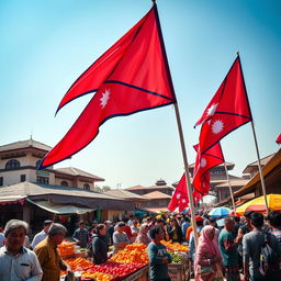 A lively background photo displaying multiple Nepal flags, beautifully waving in the breeze, alongside a vibrant scene of Nepalese people engaged in daily activities