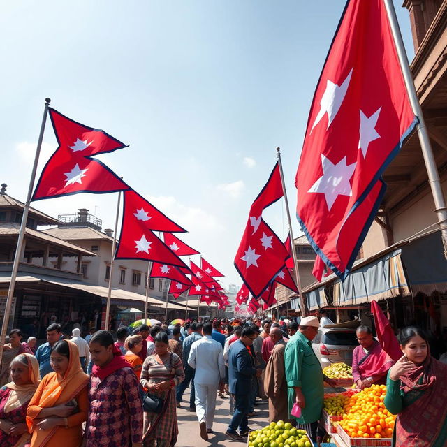 A lively background photo displaying multiple Nepal flags, beautifully waving in the breeze, alongside a vibrant scene of Nepalese people engaged in daily activities