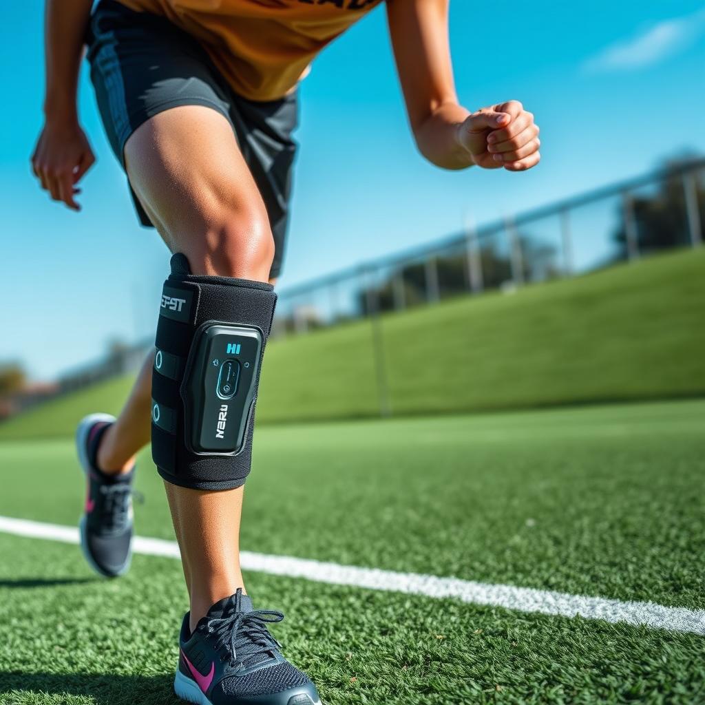 A smart knee brace specifically designed for impact sports, featuring an adaptable and flexible construction that allows for comfortable movement