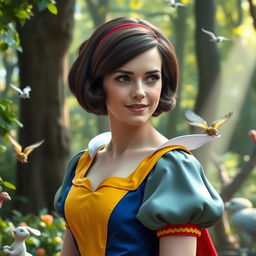 Emma Watson dressed as Snow White, featuring her iconic dark bob hairstyle and pale skin, wearing a vibrant blue and yellow dress with a red ribbon in her hair