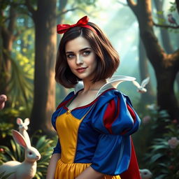 Emma Watson dressed as Snow White, featuring her iconic dark bob hairstyle and pale skin, wearing a vibrant blue and yellow dress with a red ribbon in her hair