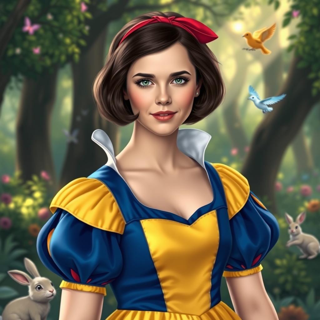 Emma Watson dressed as Snow White, featuring her iconic dark bob hairstyle and pale skin, wearing a vibrant blue and yellow dress with a red ribbon in her hair