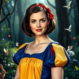 Emma Watson dressed as Snow White, featuring her iconic dark bob hairstyle and pale skin, wearing a vibrant blue and yellow dress with a red ribbon in her hair