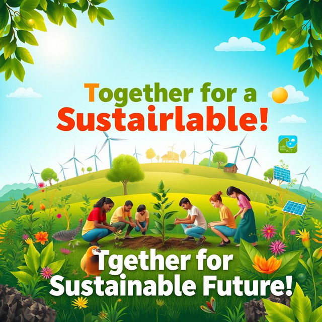 A vibrant and engaging poster for sustainable development advocacy, featuring a lush green landscape with diverse flora and fauna