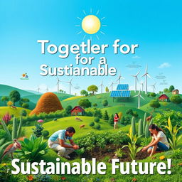 A vibrant and engaging poster for sustainable development advocacy, featuring a lush green landscape with diverse flora and fauna
