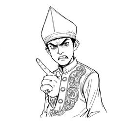 A black and white sketch illustration of a young man wearing a traditional Malay outfit and a pointed conical headband, looking angry while raising his index finger forward