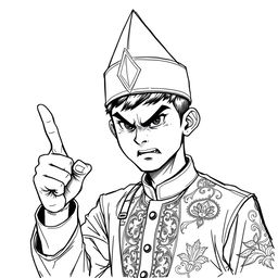 A black and white sketch illustration of a young man wearing a traditional Malay outfit and a pointed conical headband, looking angry while raising his index finger forward