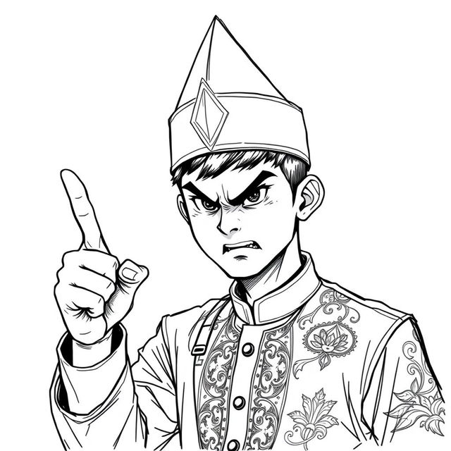 A black and white sketch illustration of a young man wearing a traditional Malay outfit and a pointed conical headband, looking angry while raising his index finger forward