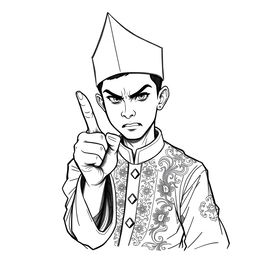 A black and white sketch illustration of a young man wearing a traditional Malay outfit and a pointed conical headband, looking angry while raising his index finger forward