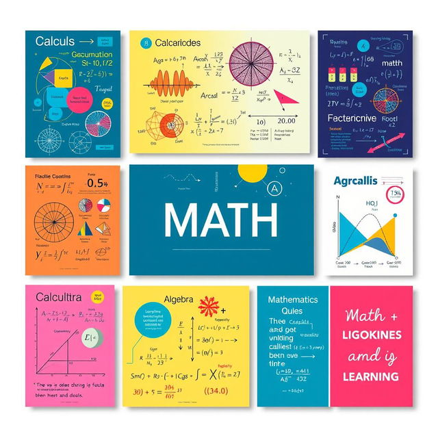 A collection of vibrant and educational mathematics posters, featuring colorful diagrams, equations, and mathematical concepts like calculus, geometry, algebra, and statistics