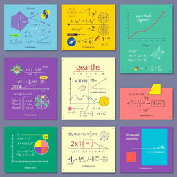 A collection of vibrant and educational mathematics posters, featuring colorful diagrams, equations, and mathematical concepts like calculus, geometry, algebra, and statistics