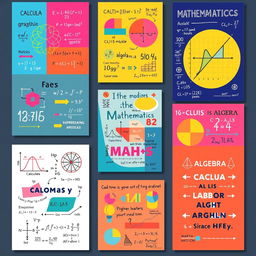 A collection of vibrant and educational mathematics posters, featuring colorful diagrams, equations, and mathematical concepts like calculus, geometry, algebra, and statistics