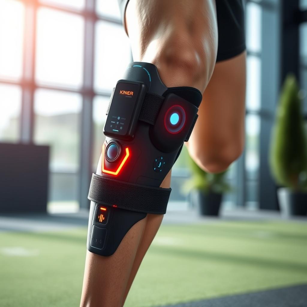 A futuristic smart knee brace, designed with adaptable and flexible materials