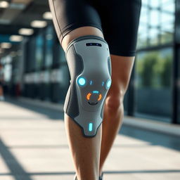 A futuristic smart knee brace, designed with adaptable and flexible materials