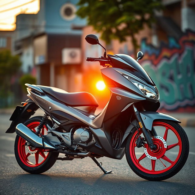 A stylish gray Honda Click motorcycle showcasing vibrant red rims, parked on an urban street