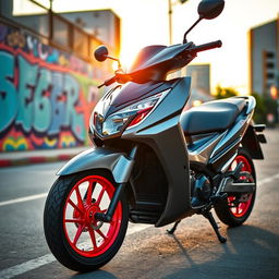 A stylish gray Honda Click motorcycle showcasing vibrant red rims, parked on an urban street