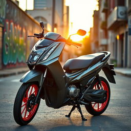 A stylish gray Honda Click motorcycle showcasing vibrant red rims, parked on an urban street
