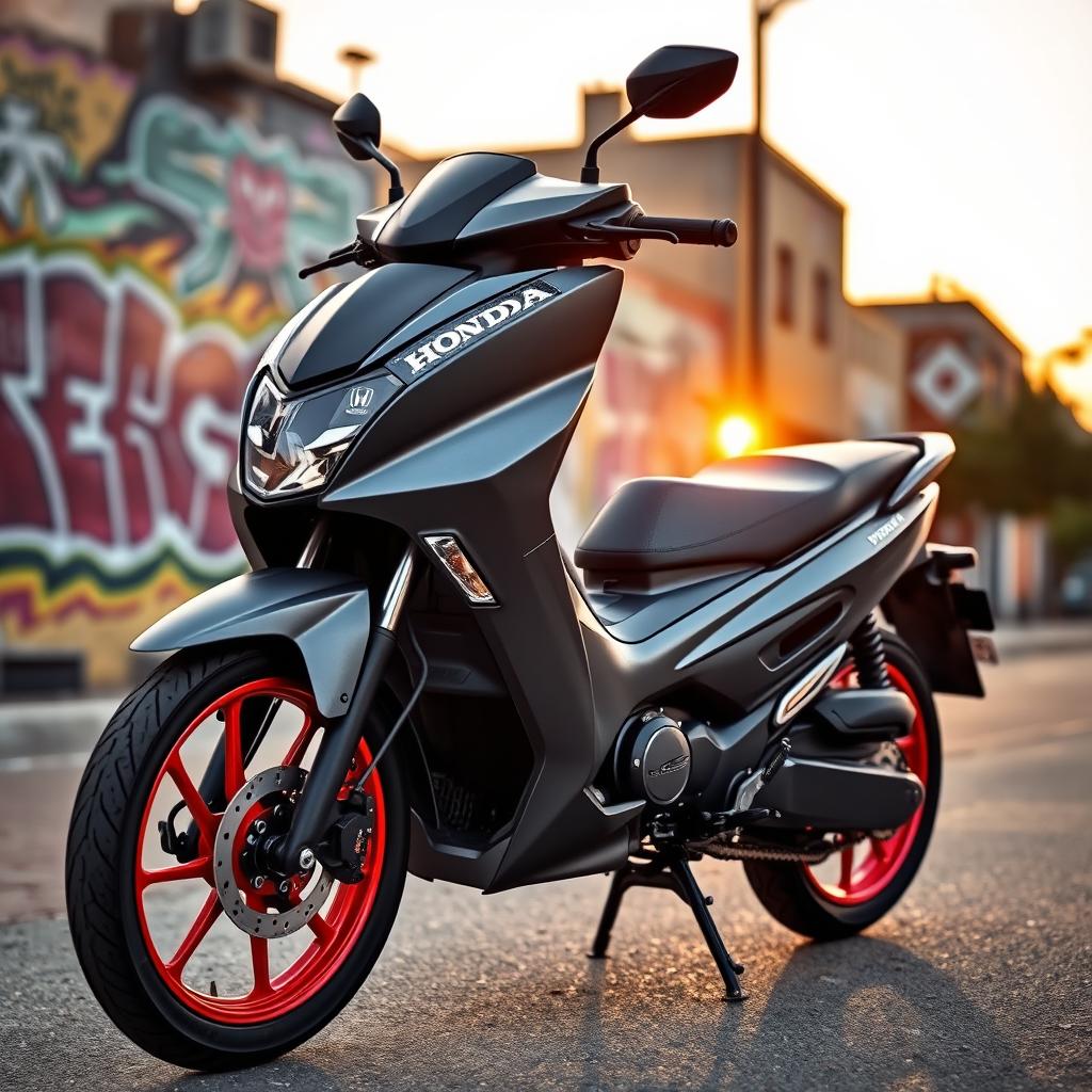 A stylish gray Honda Click motorcycle showcasing vibrant red rims, parked on an urban street