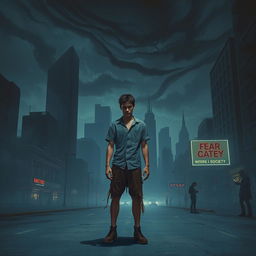 A surreal artwork depicting a person standing alone in a desolate urban landscape, symbolizing the fear of society