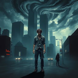 A surreal artwork depicting a person standing alone in a desolate urban landscape, symbolizing the fear of society