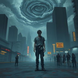 A surreal artwork depicting a person standing alone in a desolate urban landscape, symbolizing the fear of society