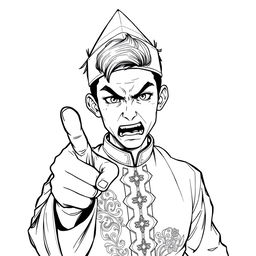 A detailed black and white sketch illustration of a young man expressing anger
