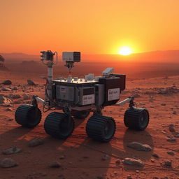 An impressively detailed representation of NASA's Curiosity Rover on the Martian surface, showcasing its sophisticated instruments and rugged design