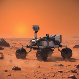 An impressively detailed representation of NASA's Curiosity Rover on the Martian surface, showcasing its sophisticated instruments and rugged design