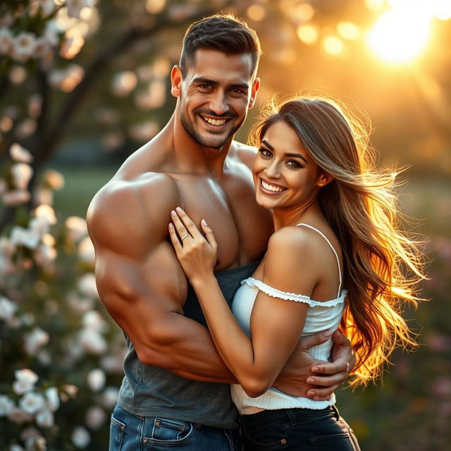 A muscular man embracing a woman lovingly, showcasing their strong connection