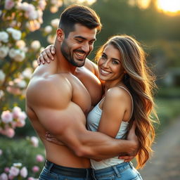 A muscular man embracing a woman lovingly, showcasing their strong connection
