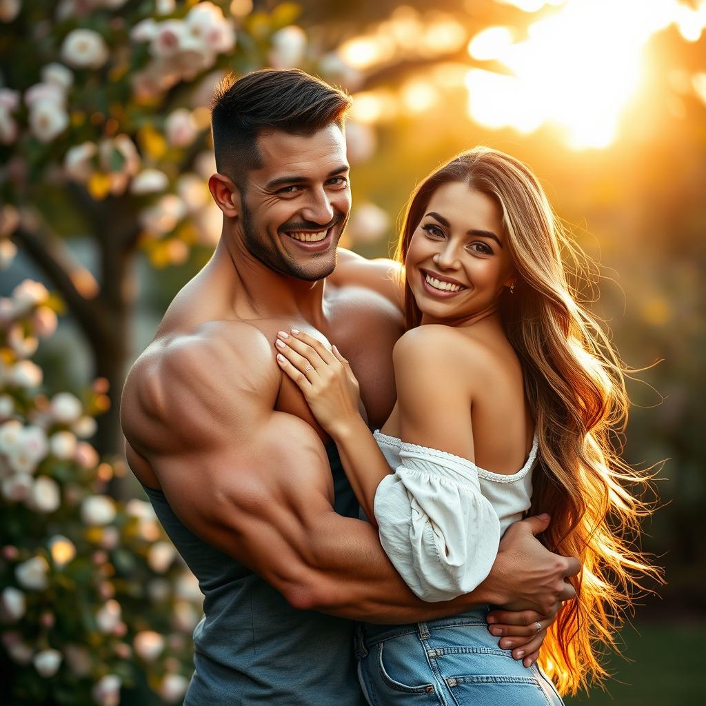 A muscular man embracing a woman lovingly, showcasing their strong connection