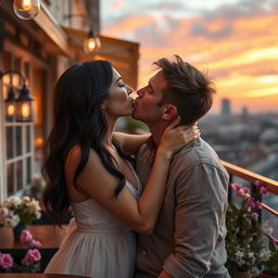 A romantic scene depicting a woman affectionately kissing a man