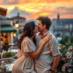 A romantic scene depicting a woman affectionately kissing a man