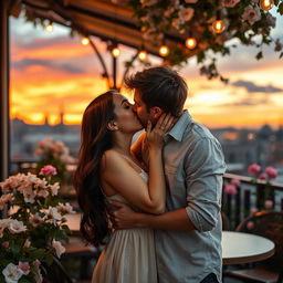 A romantic scene depicting a woman affectionately kissing a man