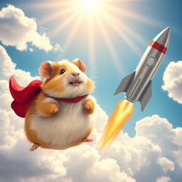 A whimsical scene featuring a guinea pig wearing a cape soaring through the sky next to a rocket missile