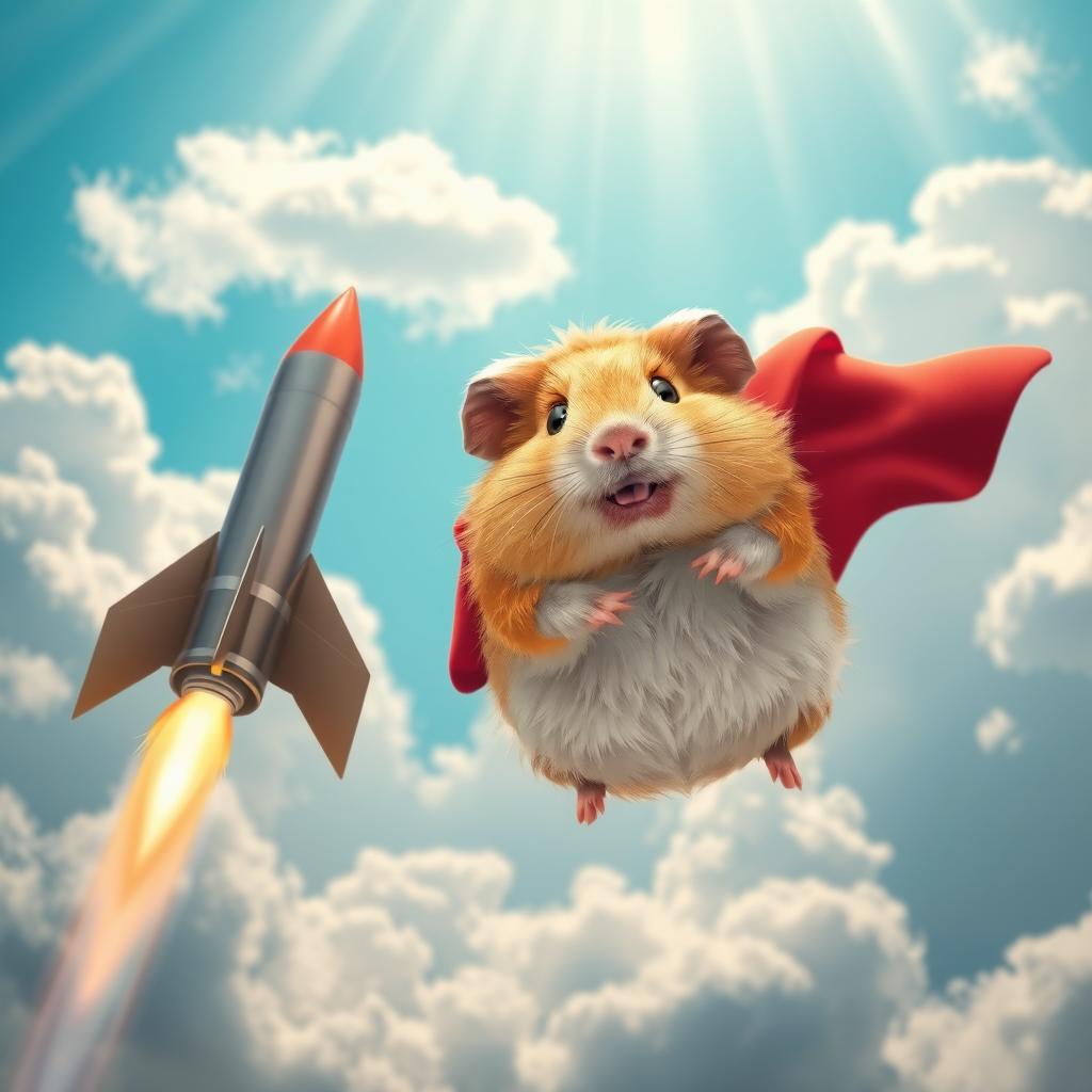 A whimsical scene featuring a guinea pig wearing a cape soaring through the sky next to a rocket missile