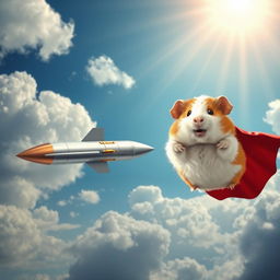 A whimsical scene featuring a guinea pig wearing a cape soaring through the sky next to a rocket missile