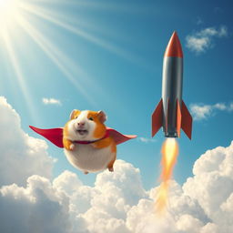 A whimsical scene featuring a guinea pig wearing a cape soaring through the sky next to a rocket missile