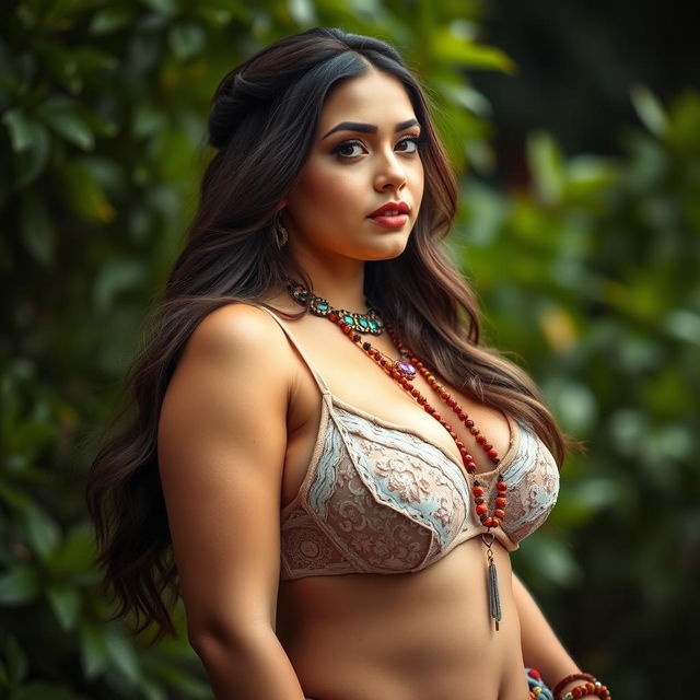 A stunning photo of a voluptuous boho woman showcasing her curves, wearing a stylish bra