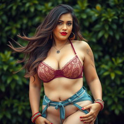A stunning photo of a voluptuous boho woman showcasing her curves, wearing a stylish bra