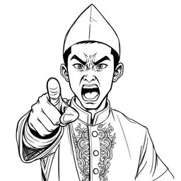 A black and white sketch illustration of a young man wearing a traditional Malay outfit, featuring a pointed conical headband